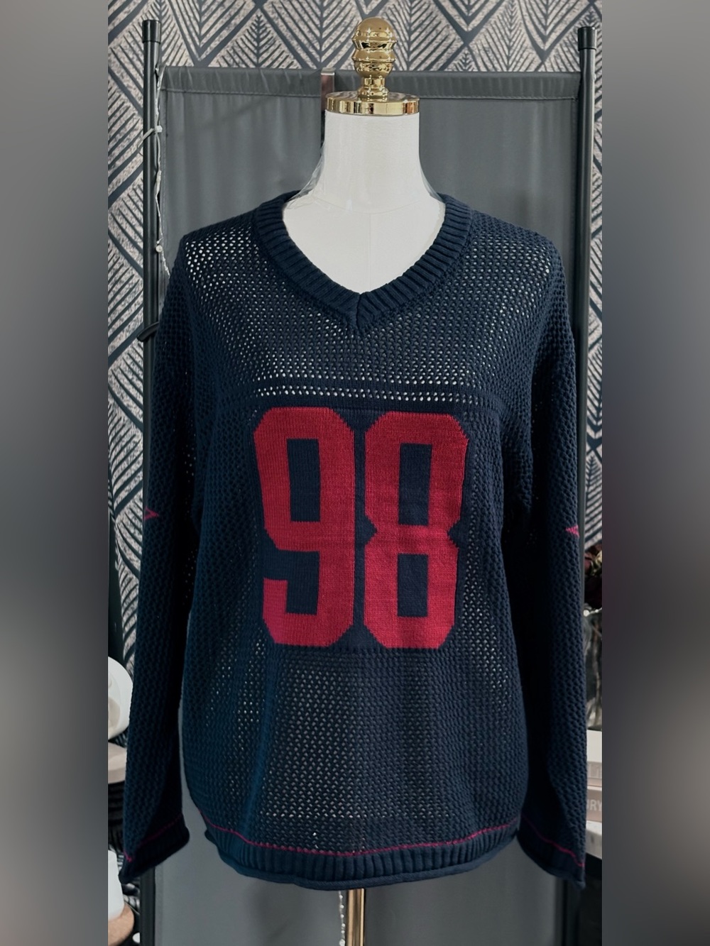 Nikka K Navy Blue Mesh Football Jersey Knit Sweater Size Medium NWT 🏈